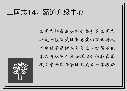 三国志14：霸道升级中心